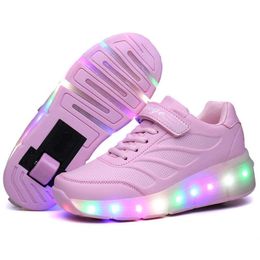 Детские светящиеся кроссовки для девочек на колесах со светодиодной подсветкой, роликовые коньки, спортивная обувь со светящейся подсветкой для детей, мальчиков, розовый, синий, черный X0712646