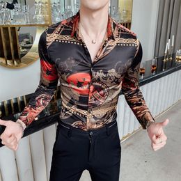 Net red society guy personality flower shirt retro male long-sleeved Korean smooth material men's shirt Slim nightclub clothe253G