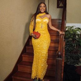 African Yellow Sequins Beads Evening Dresses Mermaid One Shoulder Long Sleeves Women Formal Prom Gowns Vestidos
