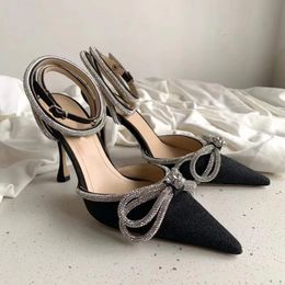 Womens sandals leather sole designer high heels 9.5cm Luxury blue diamond chain decoration banquet women shoes silk face sexy formal shoe slippers