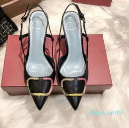 Famous Women Luxury Designer Dress Shoes Pointed Colorful Diamond Buckle Wrapped Hollow Ladies Shoe Thin Heel Strap Slingback Brand High Heels Chaussures