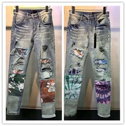 Luxurys Designer Mens Jeans Fashion am-Type Casual Camouflage Patch Skinny Stretch Men Jean Pencil Ripped Holes Hip Hop Zipper Den233k