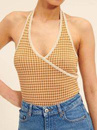 Women's Tanks Plaid Knitted Sexy Women Vest Halter Lace Up Sleeveless Backless Female Cropped Tank Tops Vintage Streetwear Femme Camisole