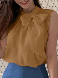 Women's Blouses VONDA Fashion Sexy Sleeveless Blouse Women Bow Tie Stand Tunic Tops 2023 Summer Solid Colour Blusas Feminina Casual Loose