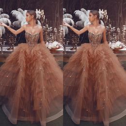 Bling Top Sequined A Line Champagne Evening Dresses 2020 Sweetheart Neck Sexy Tulle Long Ruffles Prom Gowns Special Occasion Gowns213C