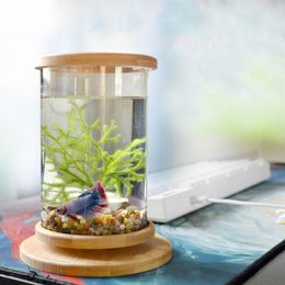 1pcs Glass Betta Fish Tank Bamboo Base Mini Fish Tank Decoration Accessories Rotate Decoration Fish Bowl Aquarium Accessories Y200230C