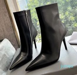 Luxury Designer Ankle Boots Genuine Leather Side zipper Pointed Toes Stiletto Heel Fashion Boots 110mm Sexy Party Dress shoes high heels