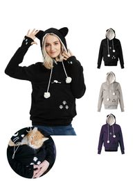 Autumn Winter Long Sleeves Warm Fleece Women Hoodies with Hats - Large Pocket for Pet Cat Dog Sweatshirt Pullover Tops Unisex