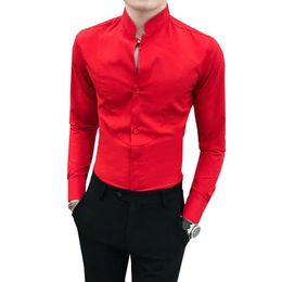 Mens Casual Red Shirt Long Sleeve Simple Social V-neck Shirts Men Slim Fit Stand Collar Night Club Tuxedo Gentlemen Men's251s