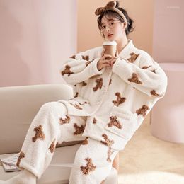 Women's Sleepwear Kawaii Bear Printing Women Pyjamas Sets Thicken Warm Soft Coral Velvet Pyjama Pour Femme Cardigan Pijamas Suit