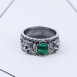 S925 silver tiger head ring retro sterling silver inlaid malachite double tiger head ring men and women trend hip hop turquoise ri229S