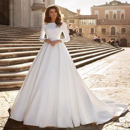 New A-line Wedding Dress Ivory Satin Elegant Long Sleeve Backless Lace Appliques Bride Gowns Abito Da Sposa 2023 vestidos de noiva224t