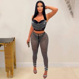 Women's Two Piece Pants Black Mesh Rhinestone Pant Sets Women Sexy See Through Sling Tube Top And Tight Trousers Suits Night Club Streetwear