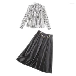Work Dresses Spring Summer Woman Clothing Ruffle Collar Long Sleeve Geometric Shirt Metal Chains Belt Pleats Midi Skirt