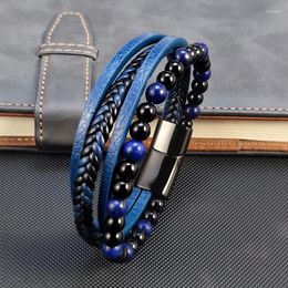 Charm Bracelets 2023 Punk Men Beaded Classic Fashion Blue Lapis Lazuli Multilayer Leather Bracelet For Jewellery Gift