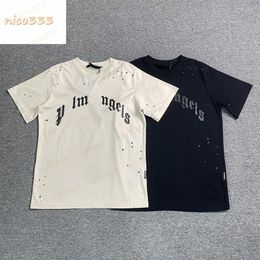 23ss broken hole foam letter print pattern cotton hundred men and women black and beige simple short sleeved t shirt2734