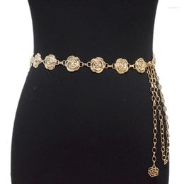 Belts Unique Gold Rose Chain Belt Women Fashion Metal Thin Shiny Flower Female Jeans Dress Waistband 2023
