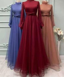 Party Dresses Vintage High Neck Long A-Line Burgundy Evening Floor Length Zipper Back Tulle Pleated Formal Gowns For Women