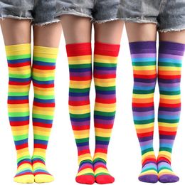 New Colourful Rainbow Stockings Striped Long Socks Women Thigh High Socks Over The Knee Stockings Ladies Knee High Socks