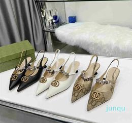 women metal chain pointed mid heel fine heel Sandals Slippers back spring summer sheet double metal luxury leather fashion size 35-41