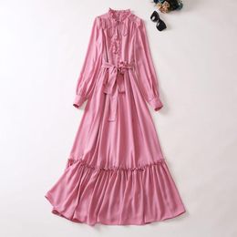 Casual Dresses European And American Women's Dress 2023 Summer Style Long Sleeve Standing Collar Fashion Belt Pink Pleated XXL