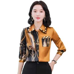 Luxury Printed Bright Silk Women's Shirt Runway 2023 Designer Turn-Down Collar Long Sleeve Button Up Blouses Spring Autumn Wi232f