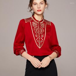 Women's Blouses Birdsky 1PC Women Blouse Tops Pullover Hollow Out Embroidery Long Sleeve Cloth Buttons 92.5% Real Mulberry Silk S-618