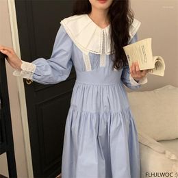 Casual Dresses Peter Collar White Cute Design Women Sweet Girls Patchwork Lace Blue Retro Vintage Long Dress