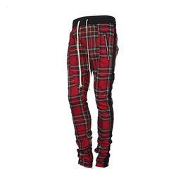 Fashion- Scottish Lattice Joggers Sweatpants Men Vintage While Joggers Pants Hip -hop Ankle Strap Zip Plaid Track Pants262g