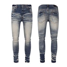 Blue Skinny Jeans Men Whisker Wash Elastic Denim Cotton