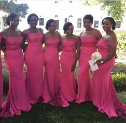 2023 Hot Pink Plus Size Bridesmaid Dresses Off Shoulder Appliques Lace Mermaid Maid Of Honour Wedding Guest Dress Women Wear Formal Party Dresses