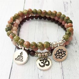 MG0481 High Quality 6 mm Natural Stone Yoga Bracelet Handmade Unakite Lotus Charm Bracelet Garnet Rhodonite Bracelet for Women2549