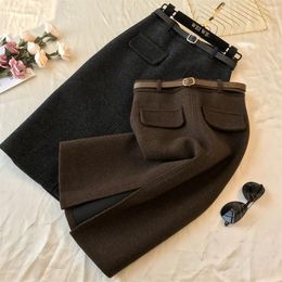 New design women's high waist with belt solid Colour Woollen thickening vent jag knee length pencil skirt plus size S M L XL XX247W