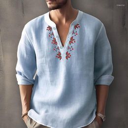 Men's T Shirts Spring Summer Loose V-neck Single Breasted Shirt Clothes For Male Casual Tops Fashion Floral Print Long Sleeve