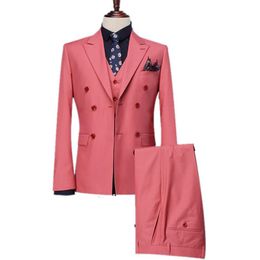 Double Breasted Groomsmen Peak Lapel Groom Tuxedos Pink Men Suits Wedding Prom Dinner Man Blazer Jacket Pants Vest Tie 183N