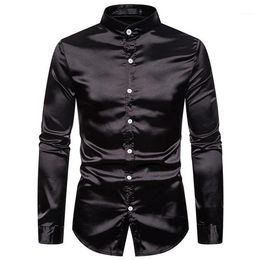 Men's Casual Shirts Mens Mandarin Collar Silk Satin Dress 2021 Brand Regular Fit Long Sleeve Shirt Men Business Camisa Mascul177q