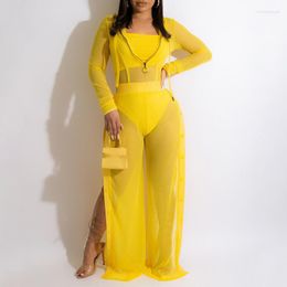 Women's Two Piece Pants WUHE Sexy Beach Women 3pcs Set Mesh Bodysuit Strapless Tops And Side Slit Straight Tracksuit Outfits