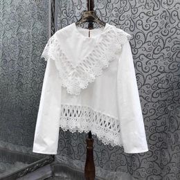 Women's Blouses Cotton Tops 2023 Autumn Fashion Style Women Hollow Out Lace Embroidery Patchwork Long Sleeve White Female