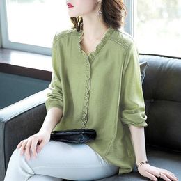 Women's Blouses Spring Autumn Korean Vintage Ruffled Lace Long Sleeve Solid Loose Shirts Women Casual V-Neck Simple Pullover Ladies Tops