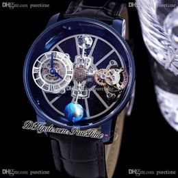 2022 Astronomia Tourbillon Swiss Quartz Mens Watch PVD Blue Steel Case Sky Skeleton 3D Globe Dial Black Leather Strap Super Editio277M