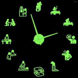 Wall Clocks Physical Therapy Osteopathy Glow In Dark Clock Chiropractic Acupuncture Massage Luminous Frameless DIY Large Silent Watch