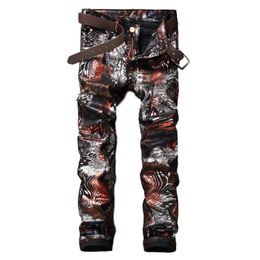 Idopy Men Coated Jeans Punk Printed Waxed Fashion Night Club Designer PU Stage Performance Pants For Male313g