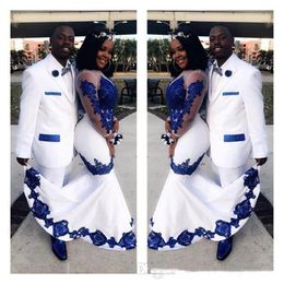 White Satin Royal Blue Lace Aso Ebi African Prom Dresses Long Illusion Sleeves Applique Evening Formal Gowns Pageant Celebrity Dre219d