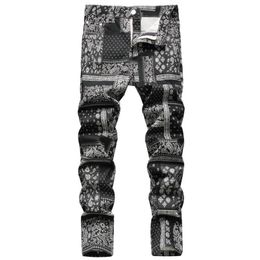 Men's Jeans Men Paisley Bandanna Printed Fashion 3D Digital Painted Stretch Denim Pants Slim Straight Black Trousers2264