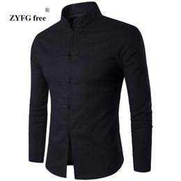 Men's Shirt Chinese Tradition Style 2017 New Arrival Male Solid Colour Mandarin Collar Business Long Sleeve Casual Shirt linen325D