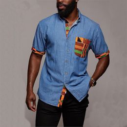 Vintage Denim Shirt New Summer Men Hawaiian Short Sleeve Shirt Mens Casual Striped Pocket Print Beach Shirts Man Oversized Hemd2315