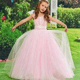 Girl Dresses Flower Pink Tulle Ruffles Backless Sleeveless Bow Tie Ribbon For Wedding Birthday Party Banquet Princess Gowns