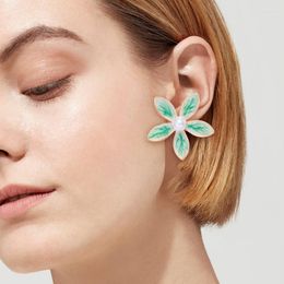 Dangle Earrings Minar 2023 Summer Green Pink Color Enamel Imitation Pearl Flower Pendant Drop For Women Statement Party Daily Jewelry