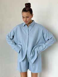 Women's Sleepwear Hiloc Solid Colour Pyjama Sets White Long Sleeve In Pyjamas For Women Loose Turn Down Collar Blue Loungewear Autumn 2023