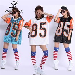 Nightclub DS Show Costumes Long Tee DJ Street Dance Dancers Dress Loose Sequins T shirts Tops Sexy for Womens242N